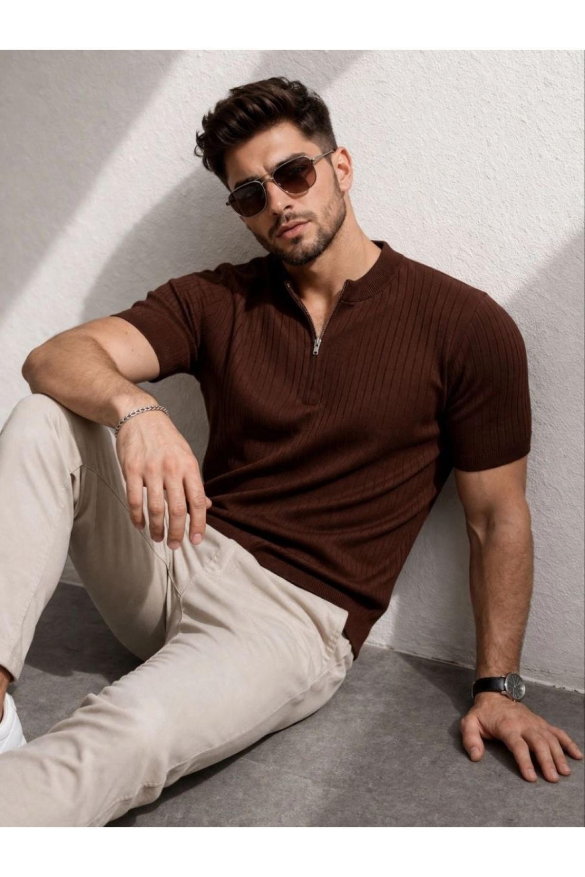 Erkek Kısa Kol Fitilli Triko T-Shirt Yazlık Hakim Yaka Tişört - Kahverengi