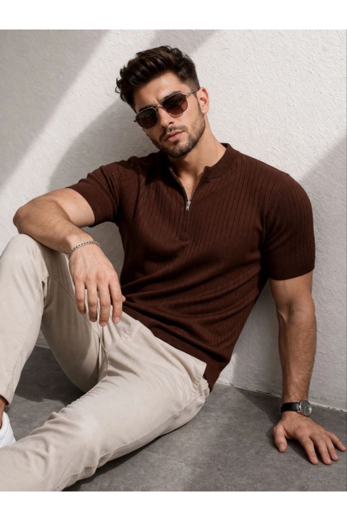 Erkek Kısa Kol Fitilli Triko T-Shirt Yazlık Hakim Yaka Tişört - Kahverengi