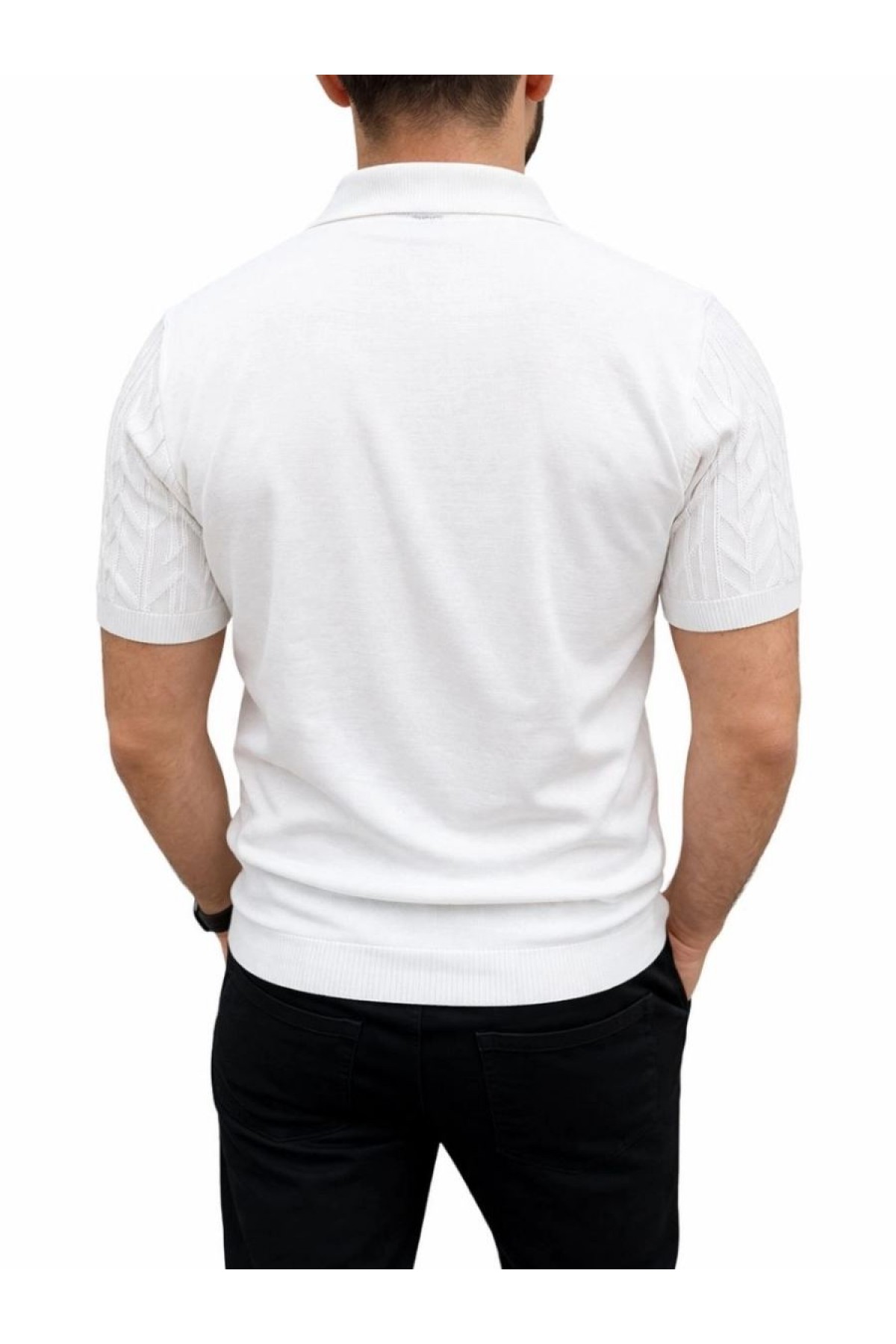 Erkek Yazlık Triko Tişört Kısa Kol Polo Yaka Düğmeli T-Shirt - Beyaz