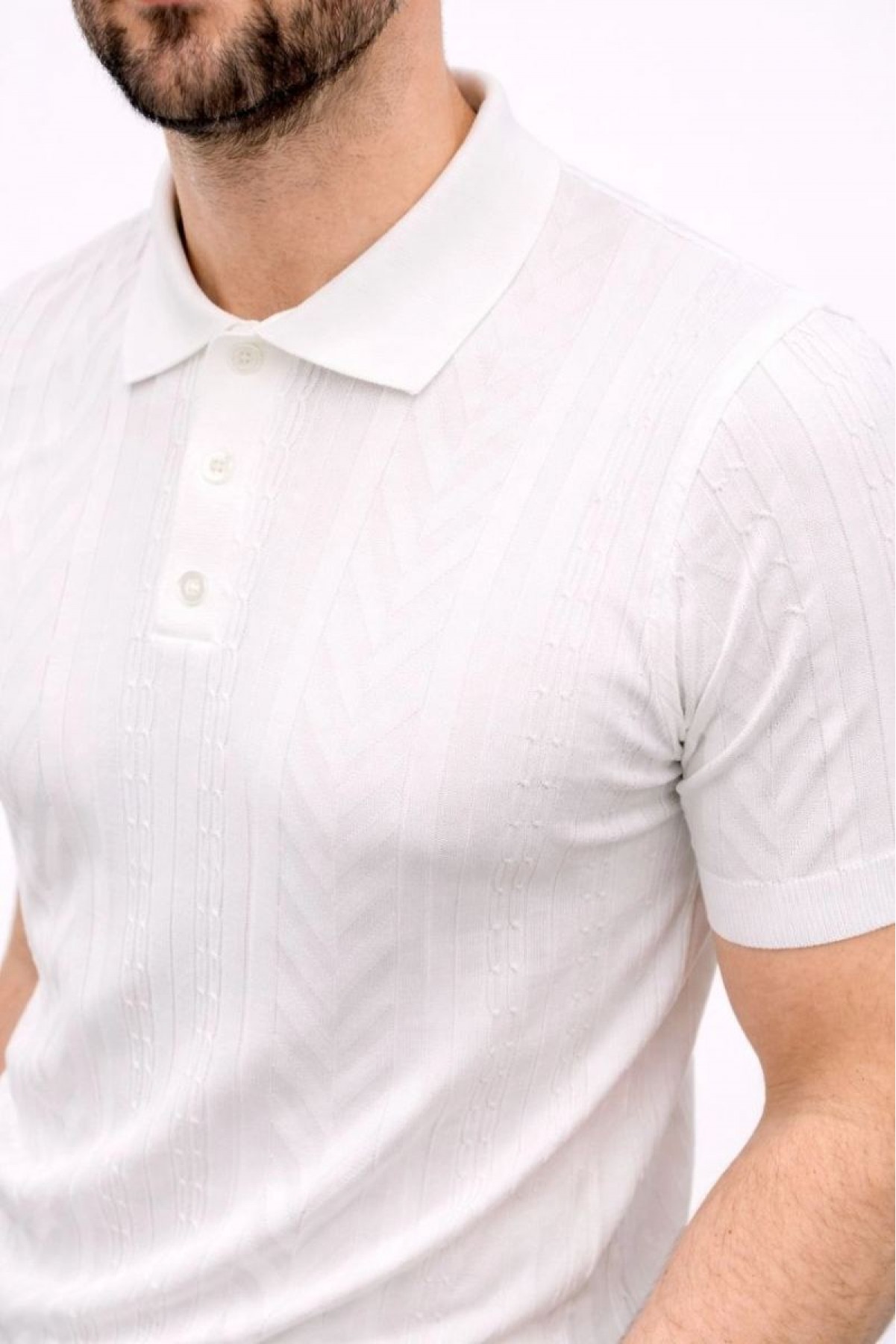 Erkek Yazlık Triko Tişört Kısa Kol Polo Yaka Düğmeli T-Shirt - Beyaz