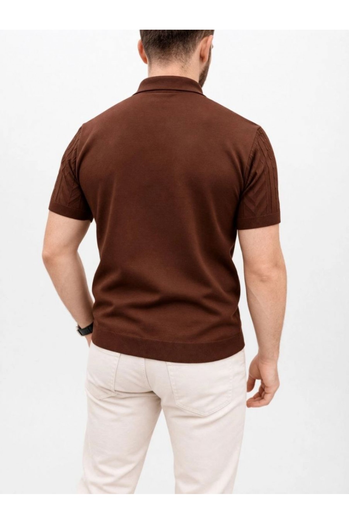 Erkek Yazlık Triko Tişört Kısa Kol Polo Yaka Düğmeli T-Shirt - Kahverengi