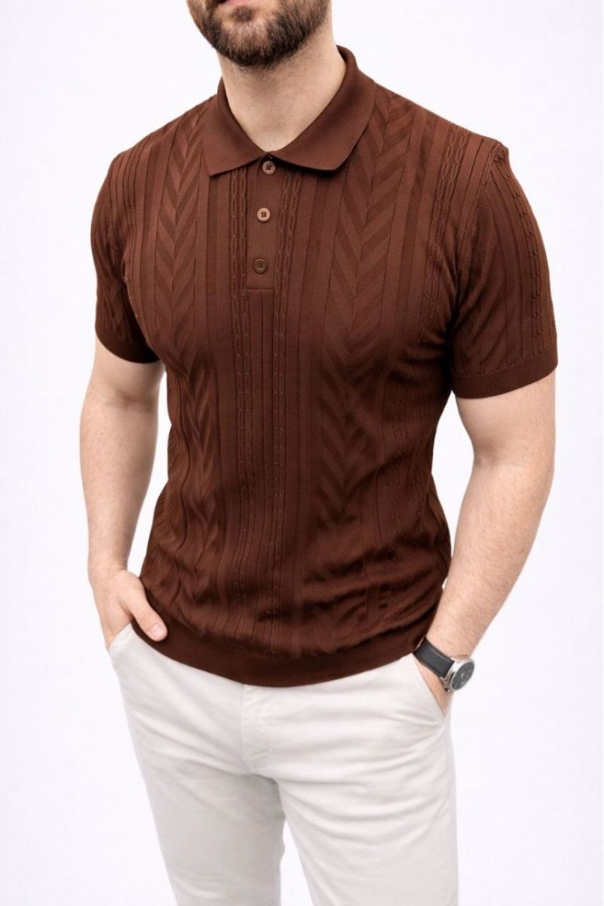Erkek Yazlık Triko Tişört Kısa Kol Polo Yaka Düğmeli T-Shirt - Kahverengi