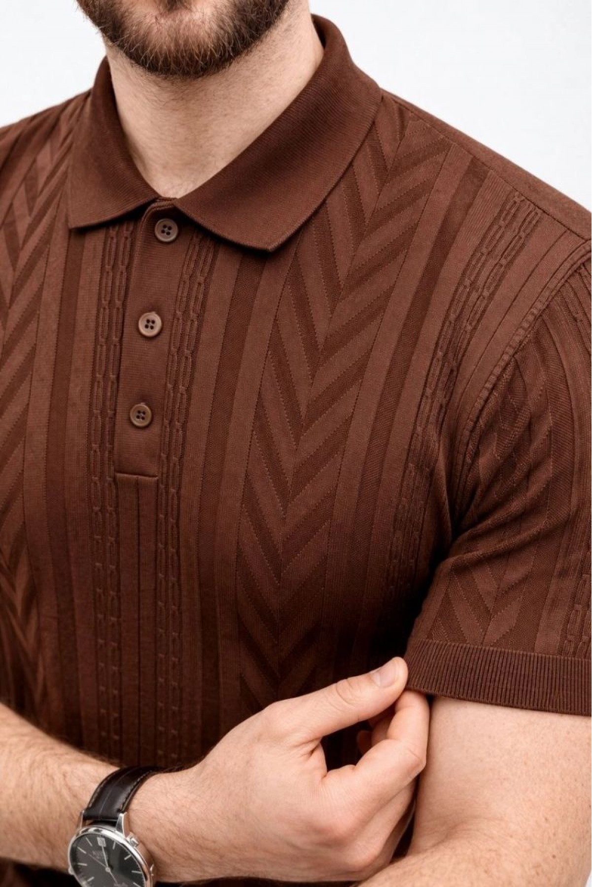 Erkek Yazlık Triko Tişört Kısa Kol Polo Yaka Düğmeli T-Shirt - Kahverengi