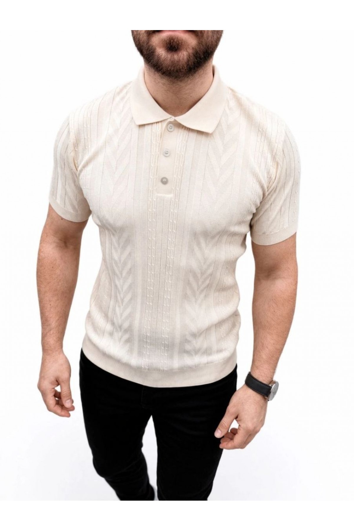 Erkek Yazlık Triko Tişört Kısa Kol Polo Yaka Düğmeli T-Shirt - Krem