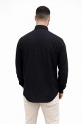 Erkek KETEN Kumaş Oversize Uzun Kollu Rahat Kalıp Gömlek - Siyah
