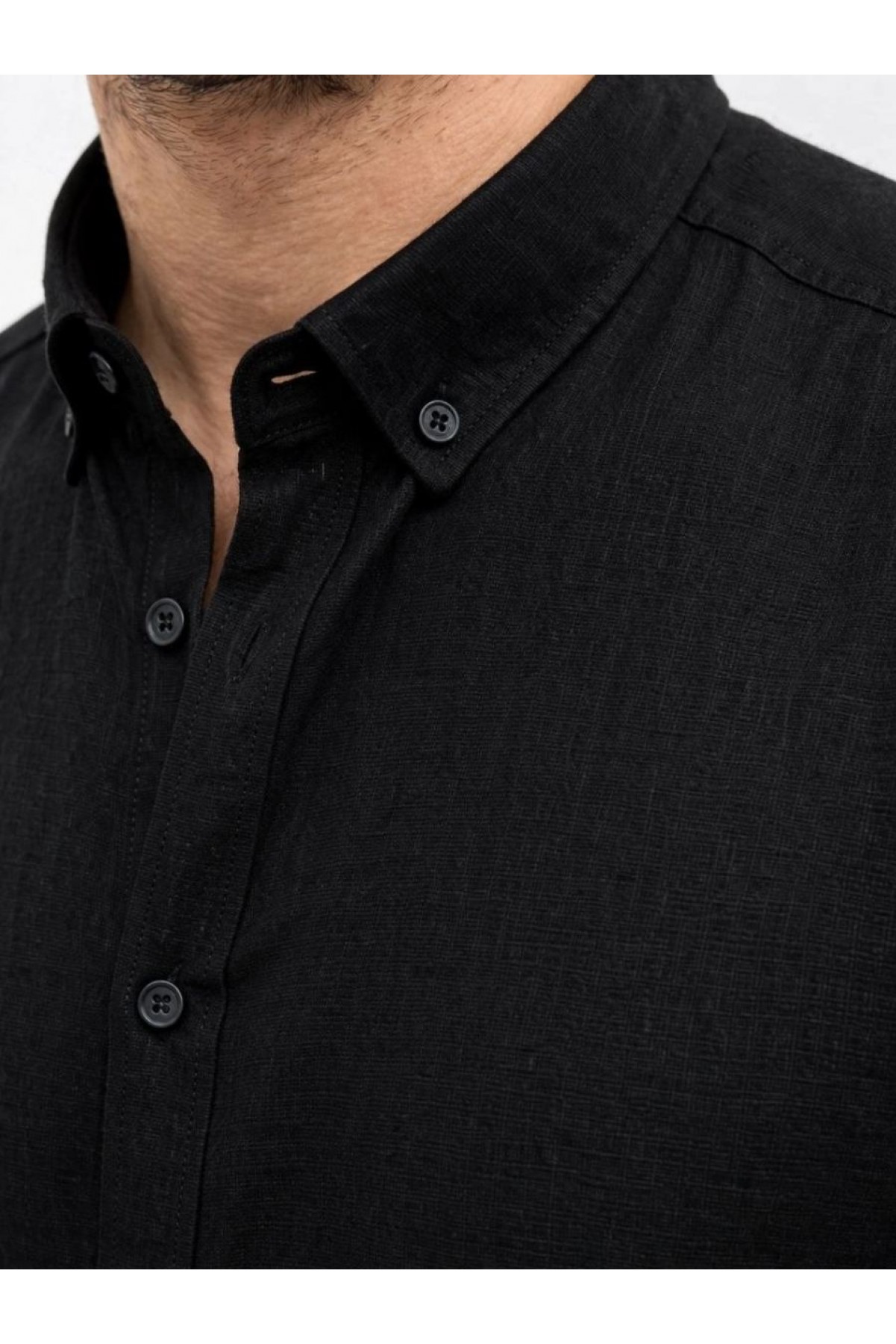 Erkek KETEN Kumaş Oversize Uzun Kollu Rahat Kalıp Gömlek - Siyah