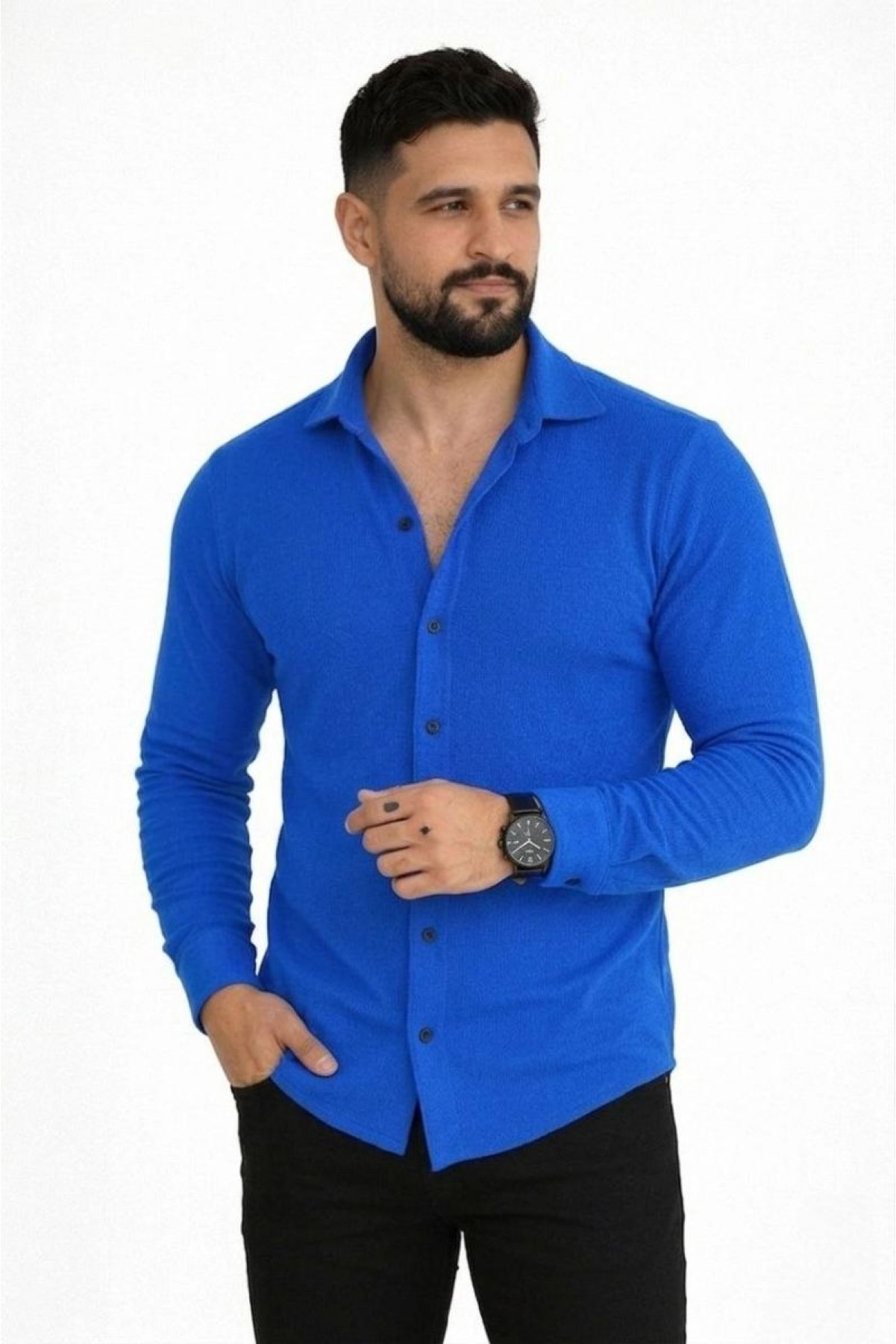 Erkek Waffle Kumaş Uzun Kollu Düğmeli Açık Yaka Regular Fit Gömlek - Saks Mavisi
