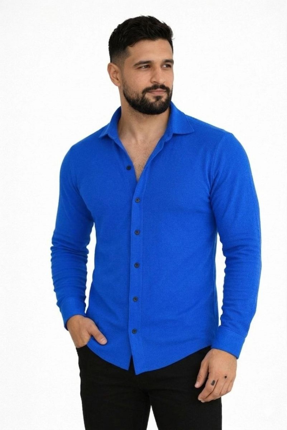 Erkek Waffle Kumaş Uzun Kollu Düğmeli Açık Yaka Regular Fit Gömlek - Saks Mavisi