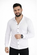 Erkek Waffle Kumaş Uzun Kollu Düğmeli Açık Yaka Regular Fit Gömlek - Beyaz
