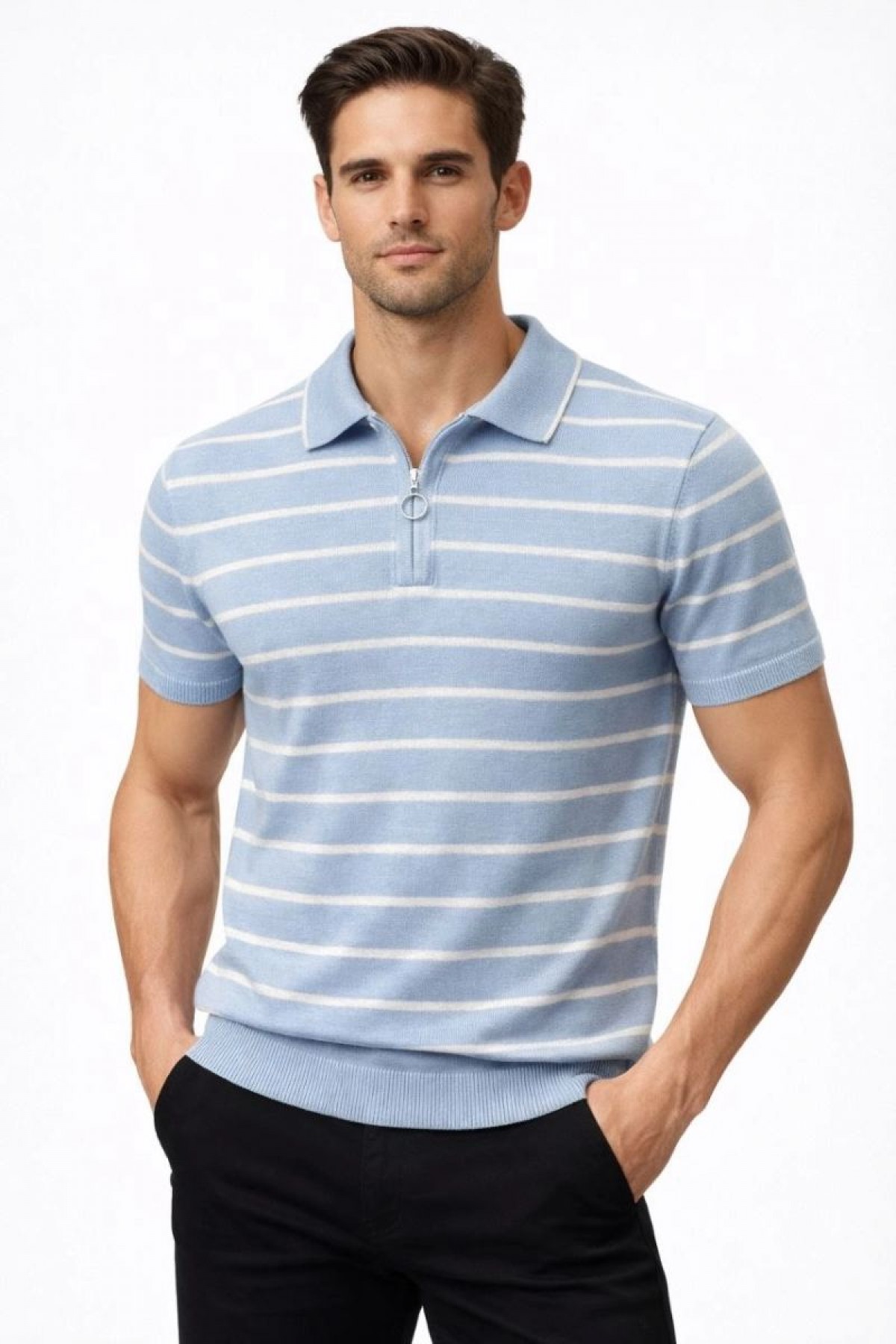 Erkek Triko Polo Yaka Fermuarlı Çizgili Tişört T-Shirt Yazlık Şık - Bebek Mavisi