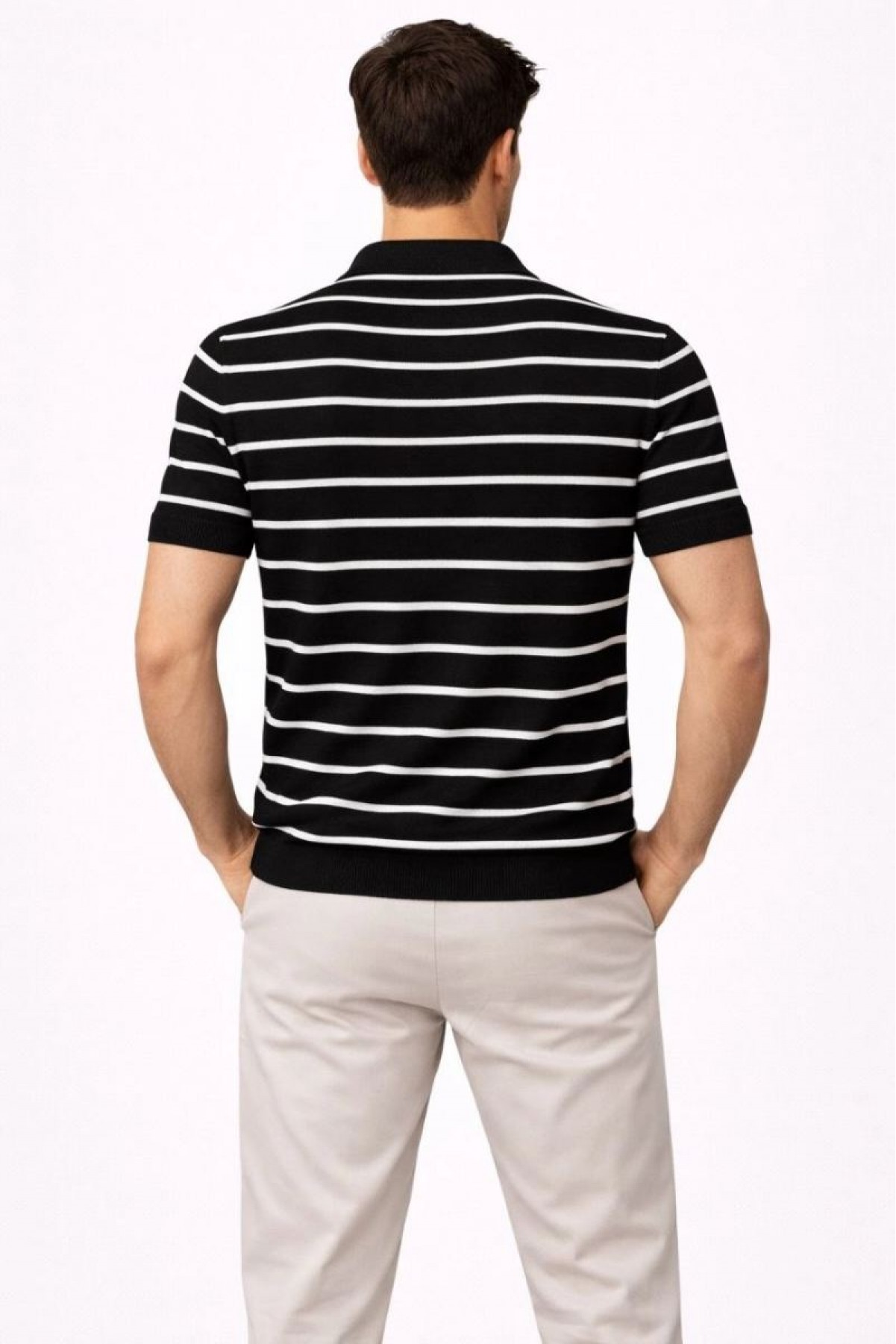 Erkek Triko Polo Yaka Fermuarlı Çizgili Tişört T-Shirt Yazlık Şık - Siyah