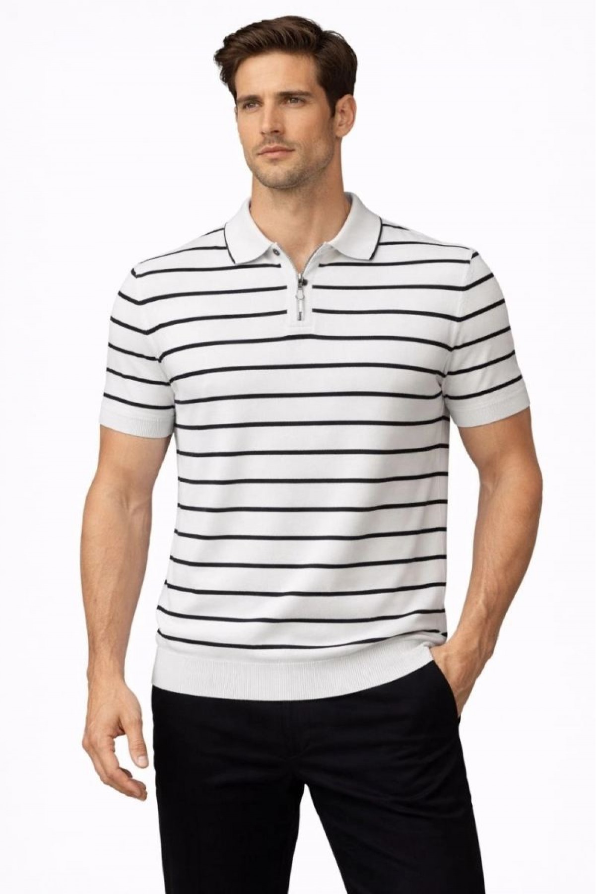 Erkek Triko Polo Yaka Fermuarlı Çizgili Tişört T-Shirt Yazlık Şık - Beyaz