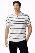 Erkek Triko Polo Yaka Fermuarlı Çizgili Tişört T-Shirt Yazlık Şık - Beyaz
