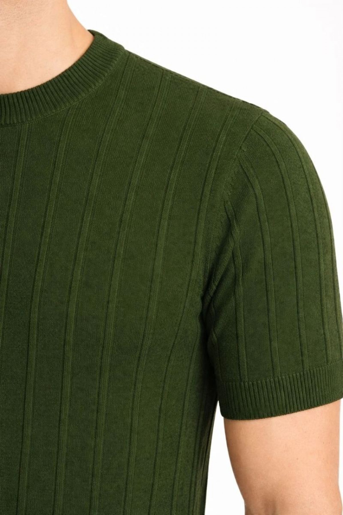 Erkek Yazlık Fitilli Triko Tişört Kısa Kol Bisiklet Yaka T-Shirt - Haki
