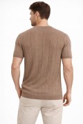 Erkek Yazlık Fitilli Triko Tişört Kısa Kol Bisiklet Yaka T-Shirt - Kahverengi
