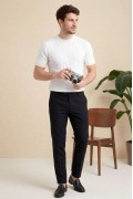 Erkek Yazlık Fitilli Triko Tişört Kısa Kol Bisiklet Yaka T-Shirt - Beyaz