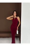 Kadın Uzun Abiye Elbise Yırtmaçlı Sırt Dekolteli Şık Gece Elbisesi - Bordo