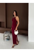 Kadın Uzun Abiye Elbise Yırtmaçlı Sırt Dekolteli Şık Gece Elbisesi - Bordo