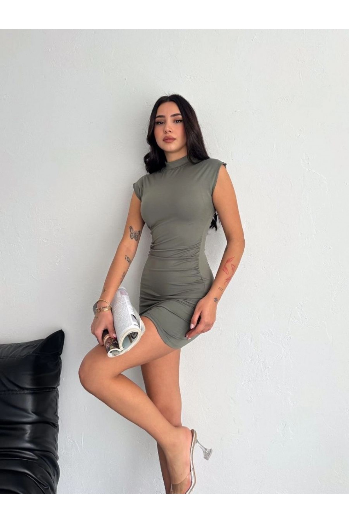 Kadın Mini Elbise Yarım Balıkçı Yaka Vücuda Oturan Şık Günlük Elbise - Mint Yeşili