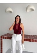 Kadın Dantel Detaylı Derin Dekolte Body Şık Kolsuz Yazlık Bodysuit - Bordo