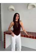 Kadın Dantel Detaylı Derin Dekolte Body Şık Kolsuz Yazlık Bodysuit - Kahvrenegi