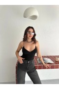 Kadın Derin Dekolte Askılı Body Sırt Dekolteli Şık Kolsuz Yazlık Bodysuit - Siyah