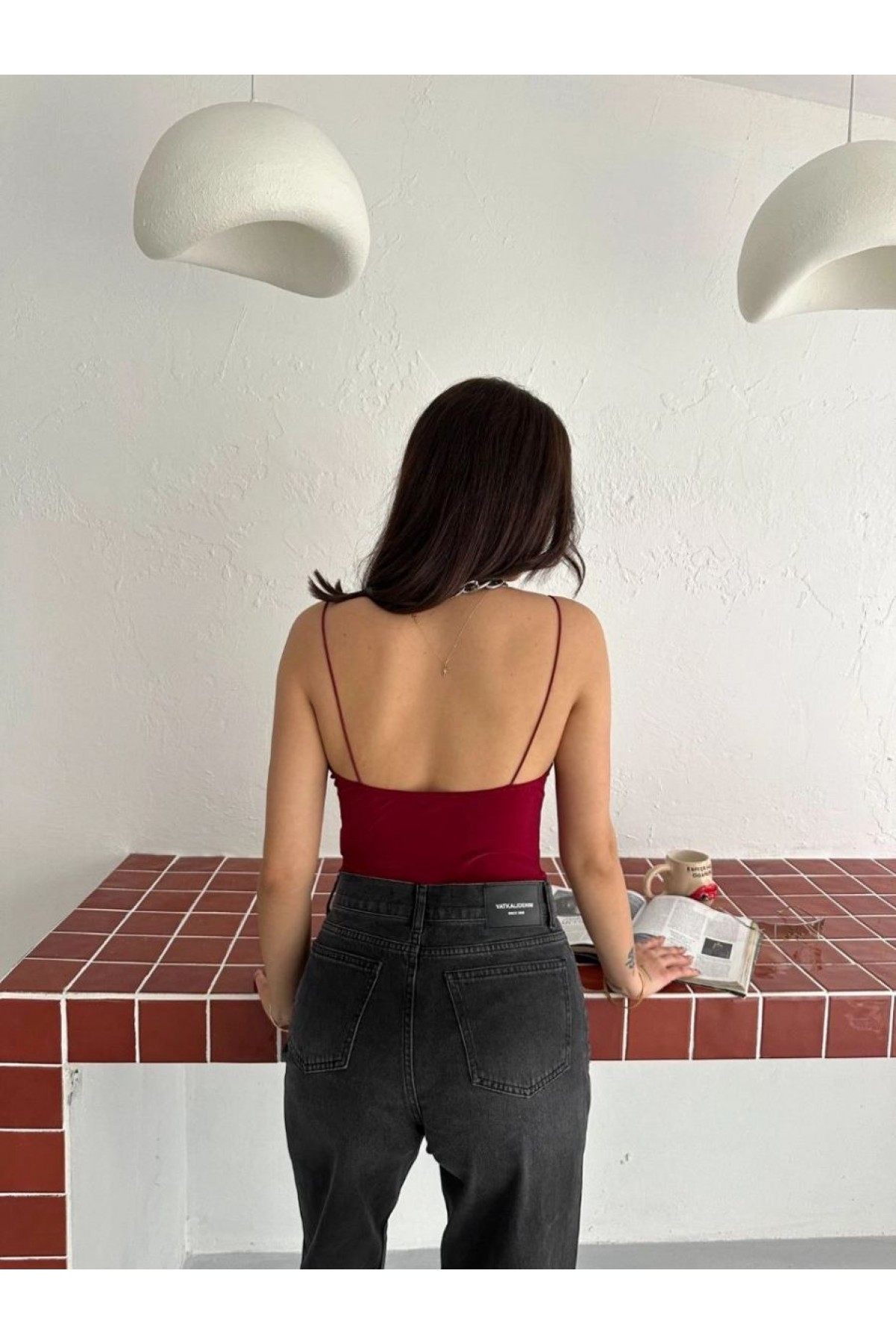 Kadın Derin Dekolte Askılı Body Sırt Dekolteli Şık Kolsuz Yazlık Bodysuit - Kırmızı