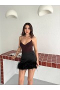 Kadın Derin Dekolte Askılı Body Sırt Dekolteli Şık Kolsuz Yazlık Bodysuit - Kahverengi