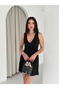 Kadın Derin V Yaka Sırt Dekolteli Mini Elbise Drapeli Şık Kolsuz - Siyah