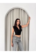 Kadın Vatkalı Kolsuz V Yaka Drapeli Crop Bluz Likralı Fit - Siyah