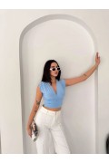 Kadın Vatkalı Kolsuz V Yaka Drapeli Crop Bluz Likralı Fit - Bebek Mavisi