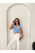 Kadın Vatkalı Kolsuz V Yaka Drapeli Crop Bluz Likralı Fit - Bebek Mavisi