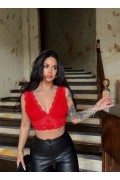 Kadın Dantel Bralet Crop Sütyen V Yaka Askılı Şık Esnek Rahat - Kırmızı