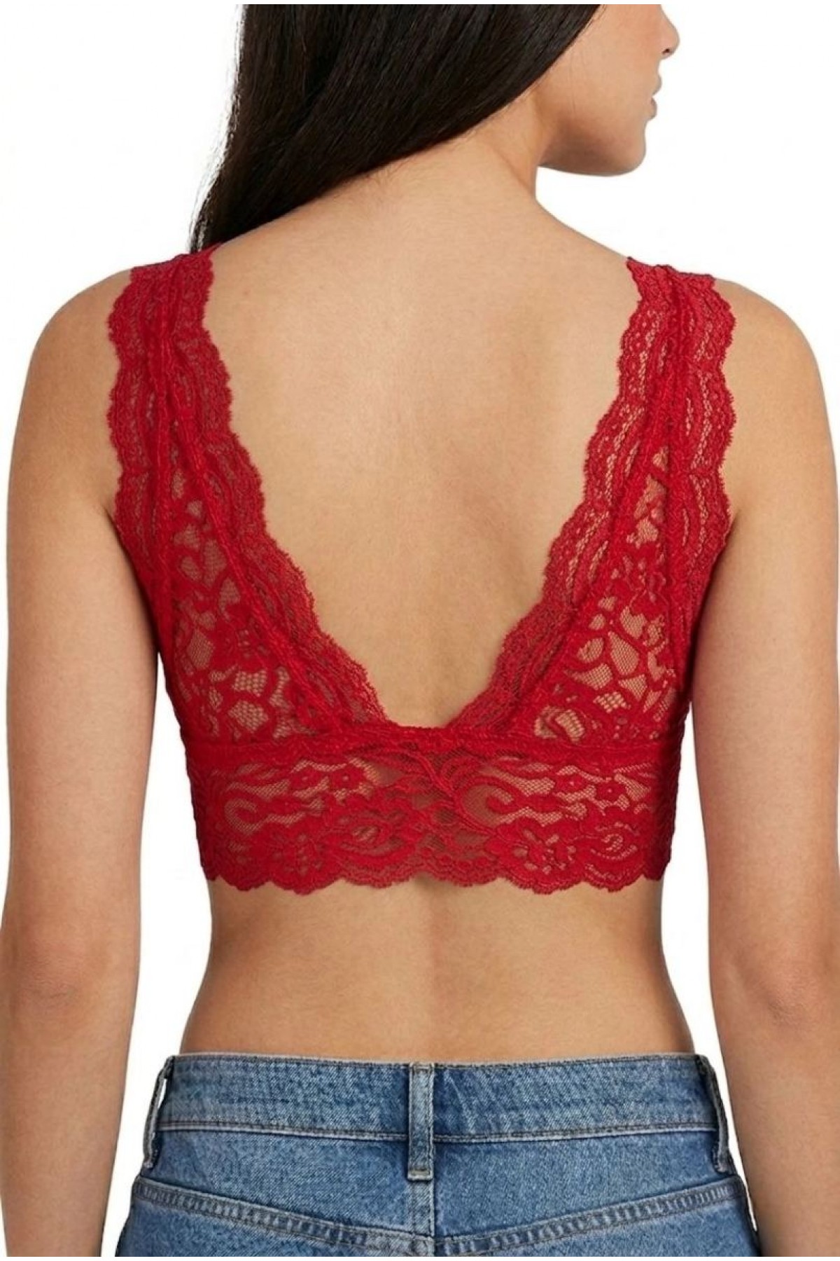Kadın Dantel Bralet Crop Sütyen V Yaka Askılı Şık Esnek Rahat - Kırmızı