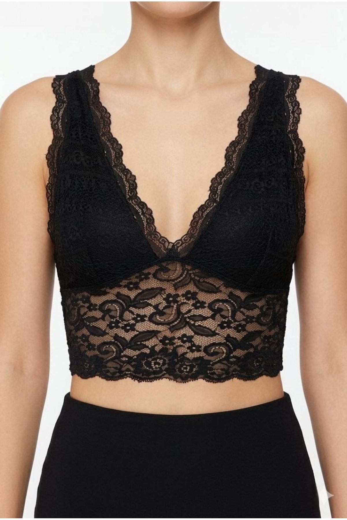 Kadın Dantel Bralet Crop Sütyen V Yaka Askılı Şık Esnek Rahat - Siyah
