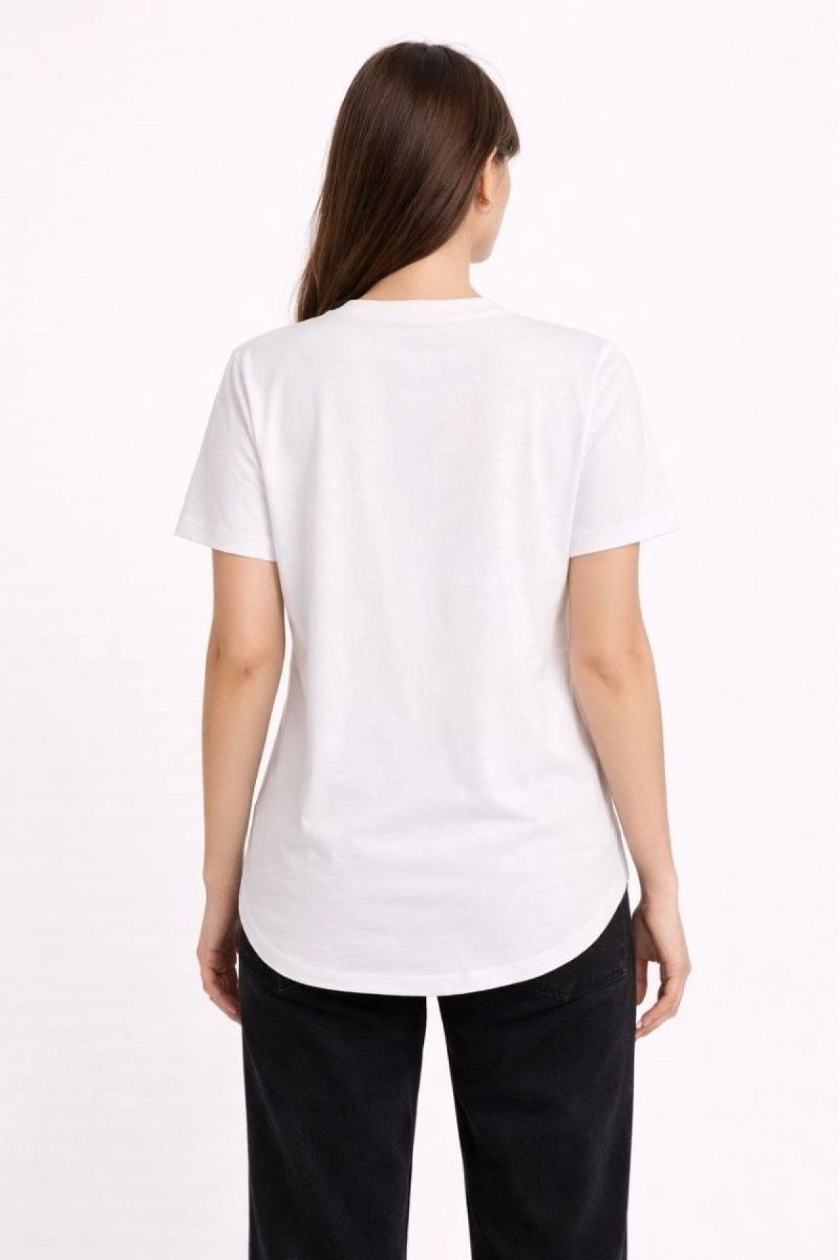 Kadın Basic T-Shirt Kısa Kol Bisiklet Yaka Oval Kesim Tişört - Beyaz