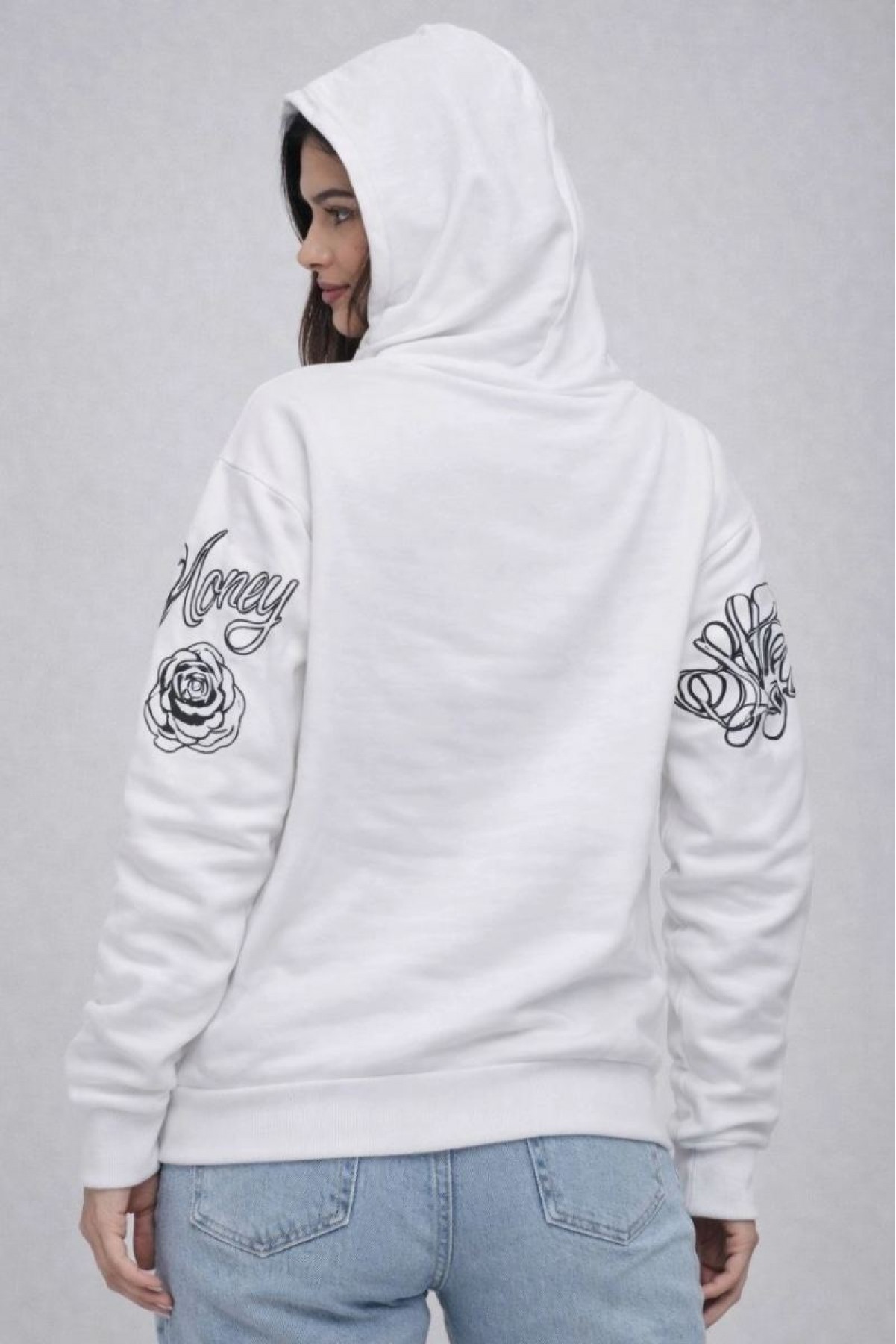 Kadın 3 İplik Pamuklu Kapüşonlu Baskılı SweatShirt hoodie - Beyaz