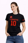 Kadın TÜRKİYE Ay Yıldız Baskılı 10 Numara Forma Tişört Taraftar T-Shirt - Siyah