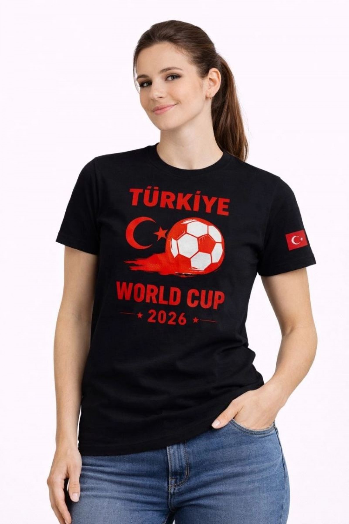 Kadın Türkiye World Cup 2026 Baskılı Tişört Futbol Temalı Forma T-Shirt - Siyah