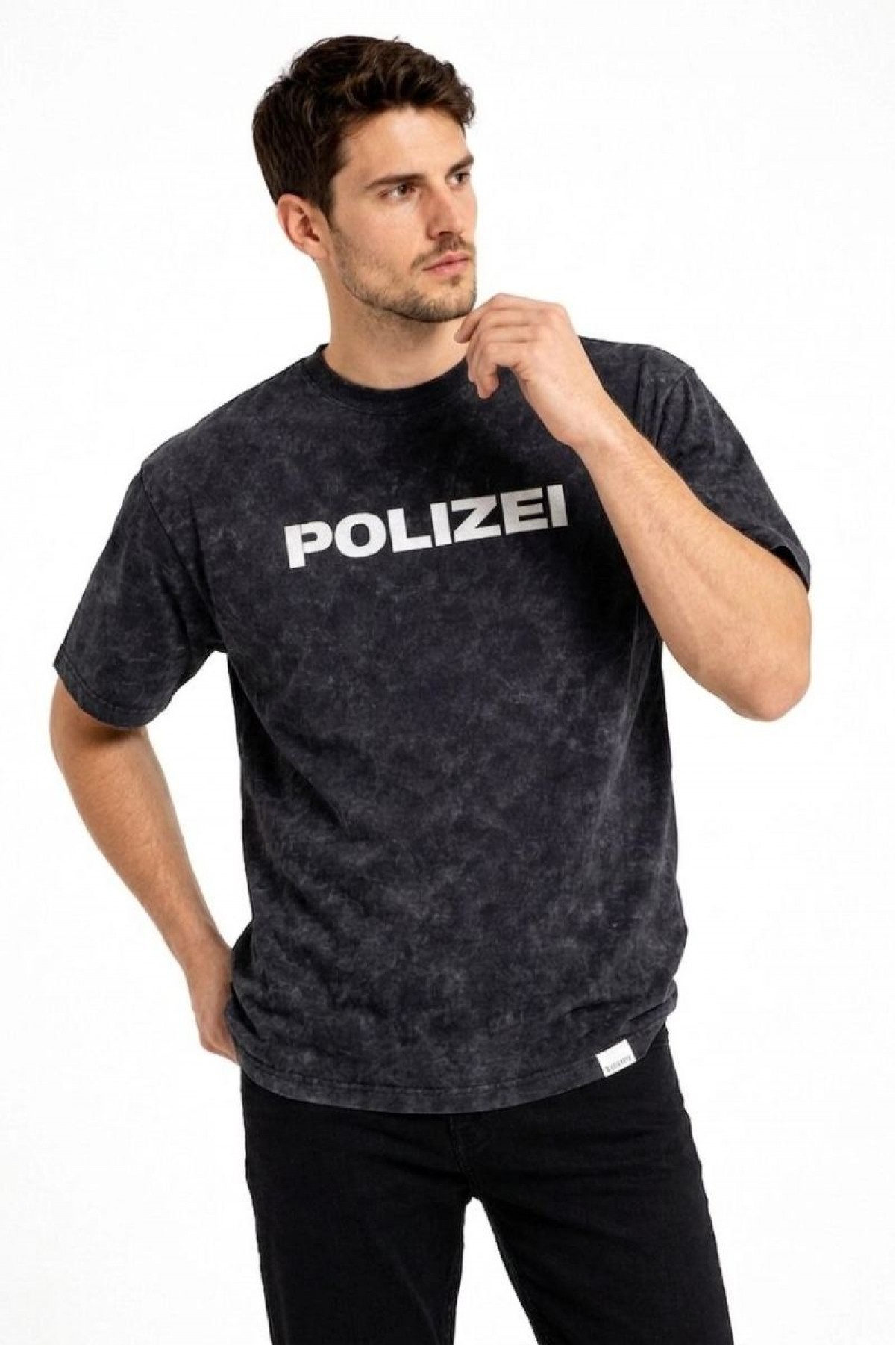 Erkek Asit Yıkamalı Baskılı Tişört Bisiklet Yaka Kısa Kollu Streetwear T-shirt - Siyah