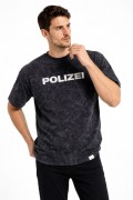 Erkek Asit Yıkamalı Baskılı Tişört Bisiklet Yaka Kısa Kollu Streetwear T-shirt - Siyah