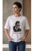 Kadın Atatürk Baskılı Tişört Kısa Kollu Bisiklet Yaka T-Shirt - Beyaz