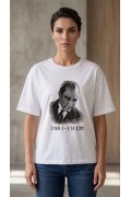 Kadın Atatürk Baskılı Tişört Kısa Kollu Bisiklet Yaka T-Shirt - Beyaz