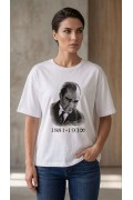 Kadın Atatürk Baskılı Tişört Kısa Kollu Bisiklet Yaka T-Shirt - Beyaz