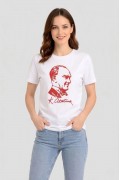 Kadın Atatürk Baskılı Tişört Kısa Kollu Bisiklet Yaka T-Shirt - Beyaz