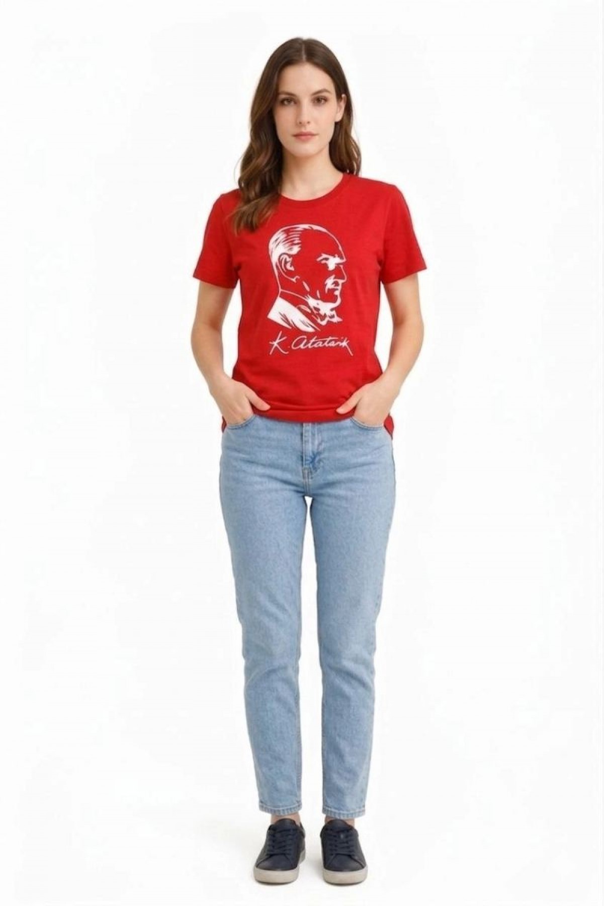 Kadın Atatürk Baskılı Tişört Kısa Kollu Bisiklet Yaka T-Shirt - Kırmızı
