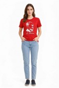 Kadın Atatürk Baskılı Tişört Kısa Kollu Bisiklet Yaka T-Shirt - Kırmızı