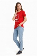 Kadın Atatürk Baskılı Tişört Kısa Kollu Bisiklet Yaka T-Shirt - Kırmızı