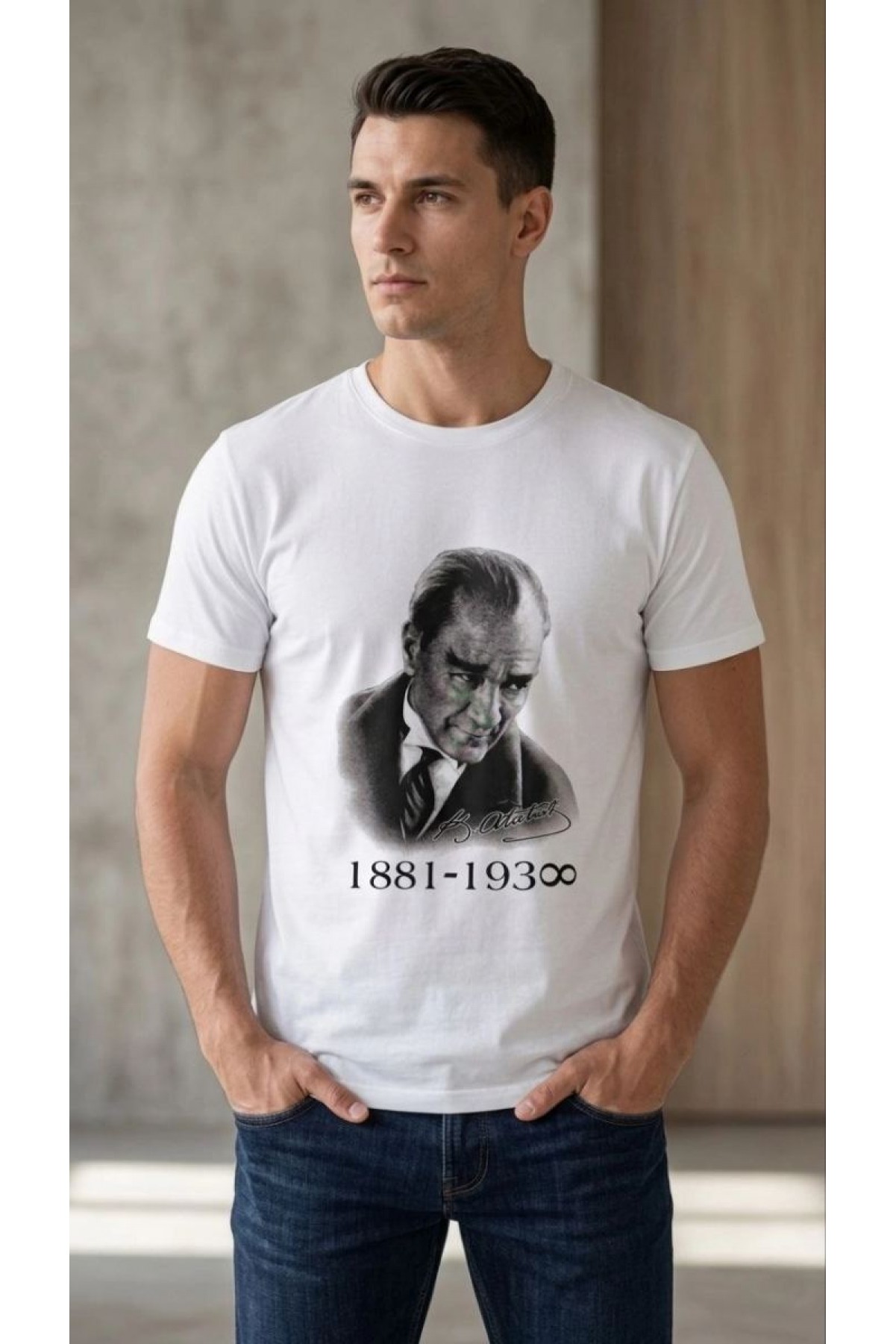 Erkek Atatürk Baskılı Tişört Kısa Kollu Bisiklet Yaka T-Shirt - Beyaz
