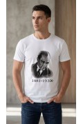 Erkek Atatürk Baskılı Tişört Kısa Kollu Bisiklet Yaka T-Shirt - Beyaz